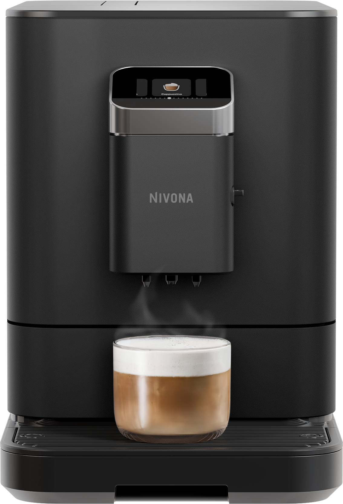 Nivona NIVO 7101 zwart – vooraanzicht met cappuccino